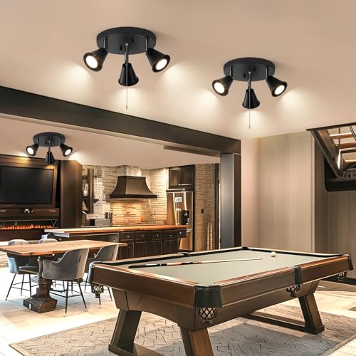 Image of 3-Light Industrial Directional Track Lighting with Pull Chain On /Off, Black Ceiling Spotlight, Morden Flush Mount Kitchen Light for Hallway,Di