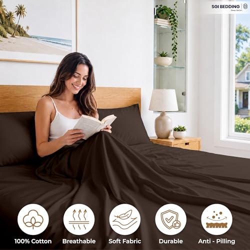 Image of SGI bedding 100% Egyptian Cotton Sheets Twin XL Size - 600 Thread Count Sheets Set, Soft, Cooling, 15 inch Deep Pocket, Luxury Hotel Bedding, Breathable, Durable - Chocolate