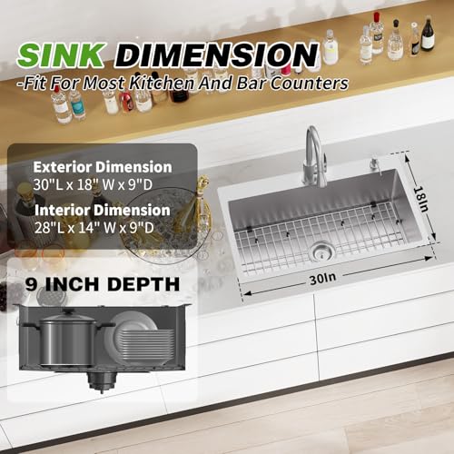 Fregadero de cocina de acero inoxidable de 30x18 pulgadas con grifo y escurridor 5