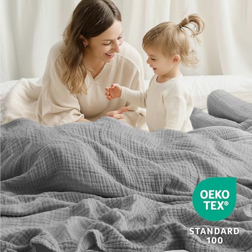 Image of 100% Cotton Muslin Blanket King 108 inch x 90 inch, 6 Layers Breathable and Lightweight Cotton Throw Blanket for Bed, Soft Quilt Bedspread Coverlet, Gauze Blanket for Adults All Season, Grey
