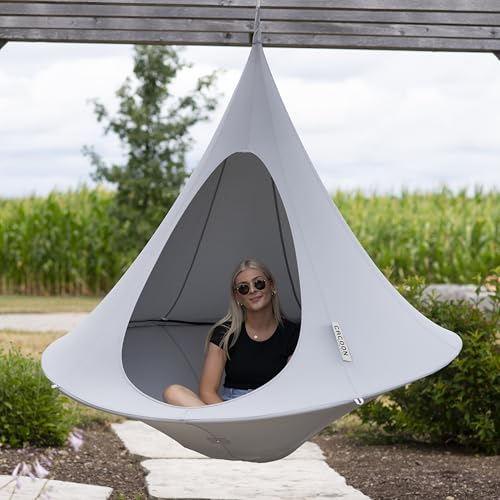 Image of Double Cacoon Hanging Chair for Two - Cozy Indoor /Outdoor Hammock with Polyester Canvas, 440 lb Capacity, Includes 18ft Rope & Carabiner (Moon River)
