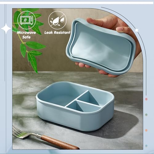 Image of Layhit 1 Pcs Silicone Bento Box for Adults, 27 oz Bento Lunch Container Reusable Food Container for Women Men, Leak Proof Microwave Dishwasher Freezer Safe (3 Compartments,Gray Blue)