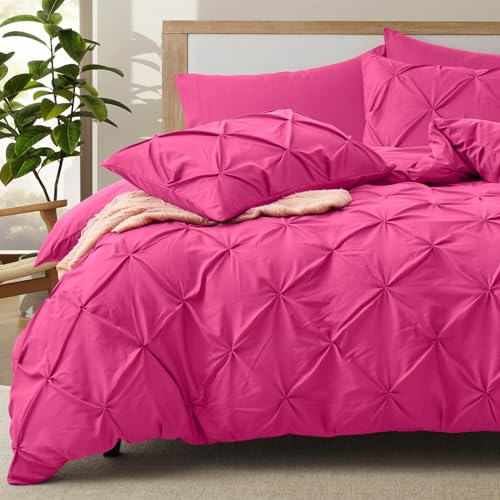 VACVELT 5 Piece Pinch Pleated Duvet Cover Full/Queen Size Set Hot Pink Pintuck Duvet Cover with Zipper & 8 Ties Shabby Chic Microfiber Duvet Cover + 2 Pillow Shams + 2 Pillowcases No Comforter