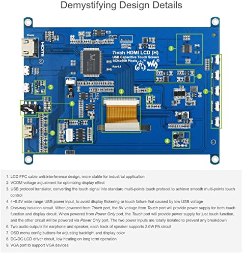 Image of waveshare 7inch Capacitive Touch Screen LCD Compatible with Raspberry Pi 5 /4B /3B+ /3A+ /2B /B+ /A+ /Zero /Zero W /WH /Zero 2W CM3+ /4 Series Boards 1024x600 Resolution HDMI IPS Supports Windows