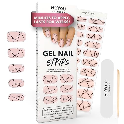 MOYOU LONDON Semi Cured Gel Nail Strips - 20 Pcs. Waterproof Gel Nail Wraps, Cures in Sunlight or UV/LED Lamp, Lasts Up to 2+ Weeks, Stretchable, Easy to Apply & Remove, Vegan & Cruelty-Free