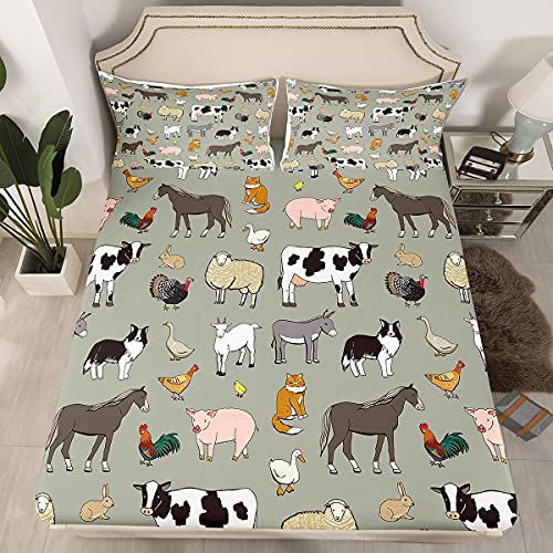 Feelyou Cow Fitted Sheet Cartoon Cat Dog Horse Bed Sheet Set For Kids Boys Girls Teens Room Farm Animal Collection Decor Bedding Set Farmhouse Style Bed Cover 2Pcs Twin Size thumb #2
