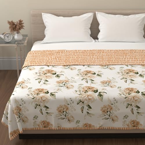 Image of HUESLAND 100% Cotton Reversible Dohar Double Bed Cotton | Soft Cambric Weave, Lightweight AC Blanket Double Bed for Summer & All Weather Use| 86 x 94 inches, Blushing Blooms - White, Sandcastle,Green