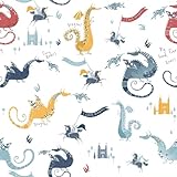 Rouleau de 10 m x 53 cm G78369 Papier peint pour enfants Bleu/rouge/jaune avec motif chevaliers et dragons
