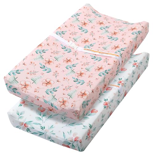 Image of FHMJYH Changing Table Pad Cover Elastic Changing Pad Cover Premium Baby Changing Pad Cover 2 Pack for Boys Girls Unisex Soft Comfortable and Secure (Pink Flower) Changing pad Cover