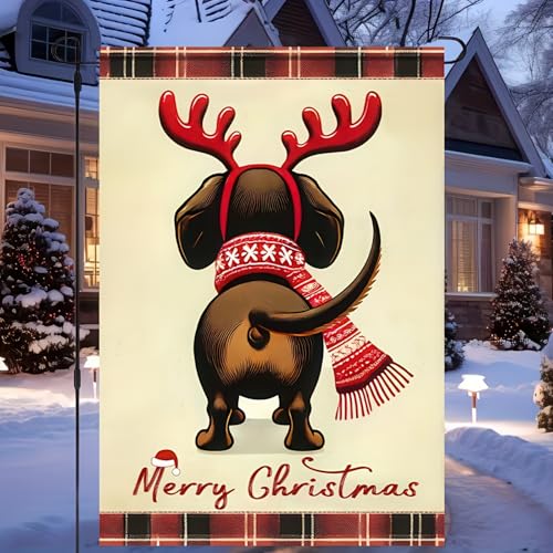 Image of BlissYard Dachshund Christmas Garden Flag 12x18 Inch Double Sided Merry Christmas Dog Garden Banner Holiday Yard Decoration Winter Xmas Decor for Porch Lawn Patio