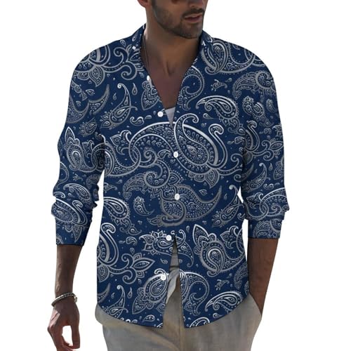 Dark Blue Paisley Mens Long Sleeve Button Down Shirts Casual Mens Button Up Shirts Regular Fit