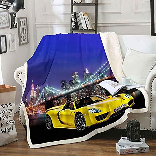 Loussiesd Race Car Blanket Throw Cool Speed Racing Plush Bed for Kids Boys Teens Adult Automobile Extreme Sport Fleece Yellow Sherpa Nursery Blankets,40x50 Inch