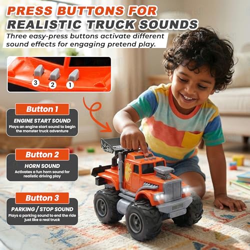 Image of Kidology Monster Truck City Service Friction Car Toy | Push & Go All-Terrain Off-Road Vehicle with Flashing Lights & Sounds | Heavy-Duty Big Wheel Action Toy for Kids (Orange)