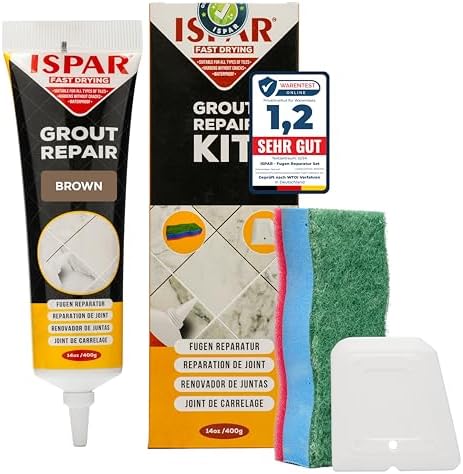 ISPAR Fugenmörtel Braun 400g – Gebrauchsfertige Fugenmasse für Fliesen mit Spachtel & Schwamm – Fugenreparatur im Bad & Küche – Geruchsneutral & Schnell trocknend