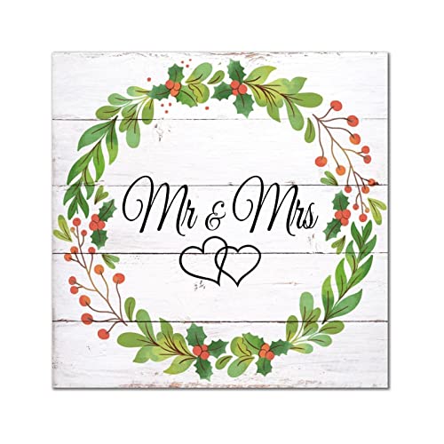 Panneau en bois Mr & Mrs avec couronne de roses vintage pour décoration murale