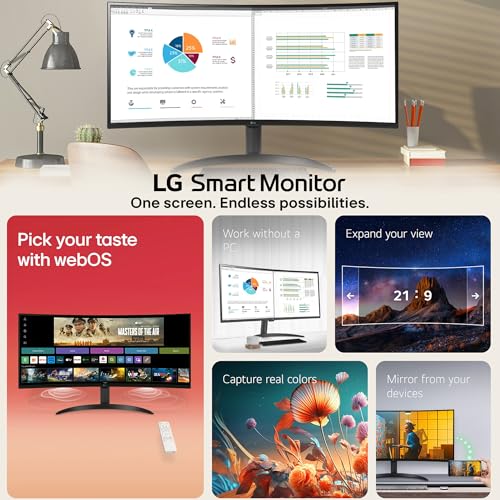 Image of LG 34SR60QC 86.42cm (34 Inch) Smart Curved (1800R) WQHD (3440x1440) Monitor, HDR10, sRGB 99%(Typ.), HDMI X 2, Built-in Speaker (7W x 2), webOS, AirPlay2, Wi-Fi, Bluetooth, Miracast, USB, Tilt (Black)