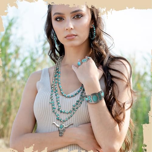 Image of Ecally Bohemian Western Jewelry Turquoise Set Women Country Pendant Long Choker Layered Bracelets Earrings Ring for Women