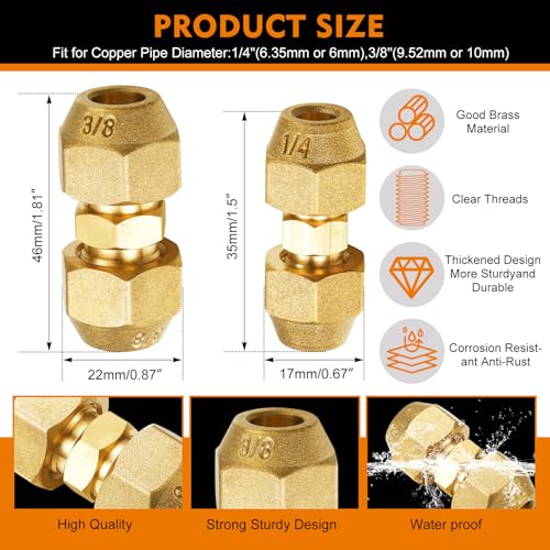 Image of Relaxweex 4 Pcs Copper Flare Coupling Connectors with Nuts HVAC,1 /4 inch 3 /8 inch | 1 /4 inch 3 /8 inch Compression Fittings for Copper Tubing, Air Conditioning Refrigeration, Flare Nut Adapters, Tube Connections