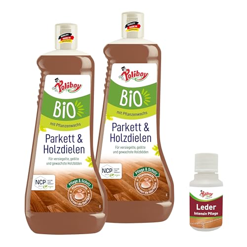 Poliboy   Limpiador de suelos para parqué y tablas de madera orgánica, limpiador de suelos para suelos de madera auténtica, limpiador de parquet con cera vegetal, 2 x 1000 ml, con muestra de producto