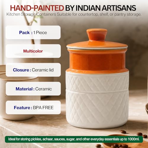 Image of Ceramic Storage Jar with Lid | Orange & White Textured Kitchen Container for Tea, Coffee, Sugar, Snacks & Dry Storage | Decorative Countertop Jar