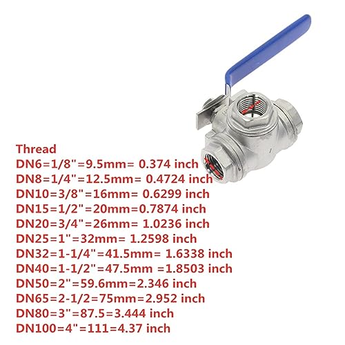 Válvula de bola de tres vías de acero inoxidable tipo T con rosca hembra DN15 6