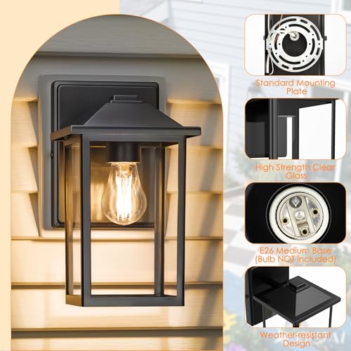 Image of MATAMEYE Outdoor Wall Light Fixture, Exterior Waterproof Porch Lighting | Large Black Patio Wall Lantern, Anti-Rust, Clear Glass, E26 Socket, Wall Mount Sconce Lighting, Outside Front Door Light