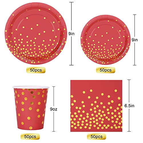 Gudvilla 200Pcs Red And Gold Party Supplies Red Gold Christmas Paper Plates And Napkins Red Disposable Dinnerware Sets Birthday Plates For Wedding Bridal Shower Thanksgiving Baby Shower #TOP1