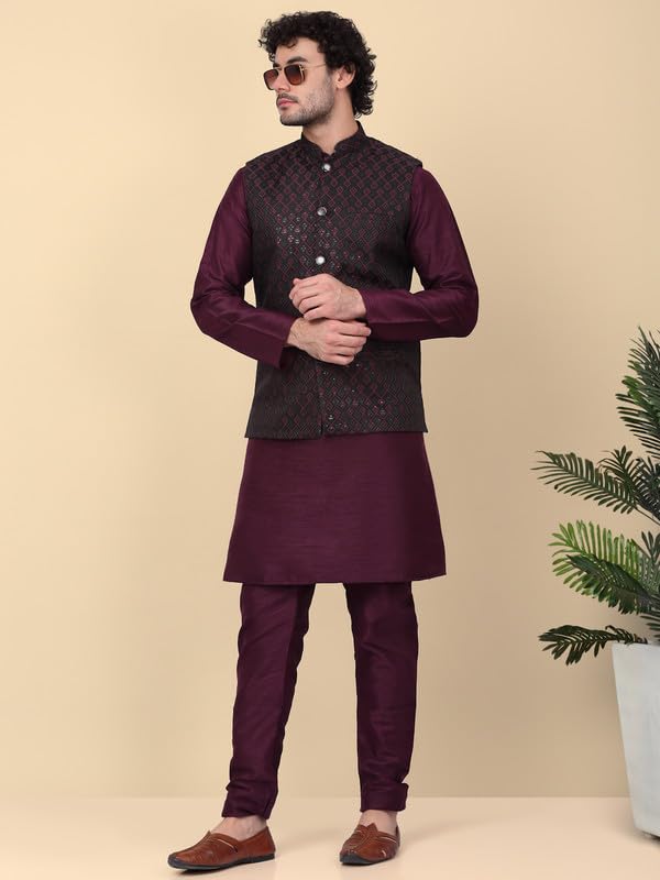 Image of KRAFT INDIA Men's Embroidered Sequins Jacquard Nehru Jacket