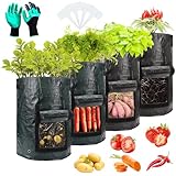 4 X 45L Pflanzsack Kartoffel Pflanzsäcke Set, Pflanztaschen Kartoffeln Stofftopf für Draussen mit 4 Pflanzenschilder und Gartenhandschuhe, Tomaten Pflanzkübel Stofftopf Kartoffelsack