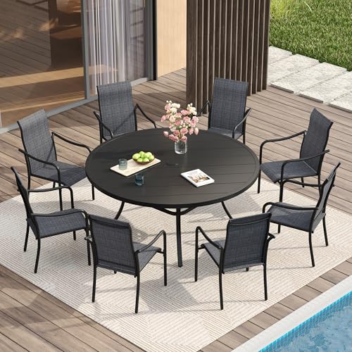 Image of VICLLAX 53 inch Outdoor Round Patio Table for Lawn Garden, All Weather Metal Round Patio Dining Table with Adjustable Umbrella Hole, Patio Table for 8 Person, Black Tabletop