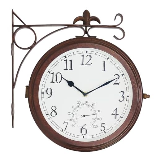 BESTIME 66276A Double Sided Metal Wall Clock with Antique Red Copper. Dial: 10-Inch,Thermometer, Quiet,Easy Read,Retro Station,Antique Hanging Clocks for Garden,Home Decor,Indoor,Outdoor,Living Room.