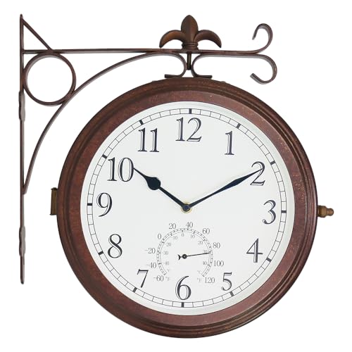 BESTIME 66276A Double Sided Metal Wall Clock.Dial: 10-Inch,Thermometer, Quiet,Easy Read,Retro Station,Antique Hanging Clocks for Garden,Home Decor,Indoor,Outdoor,Living Room.
