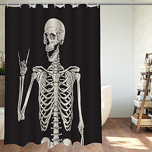 Dephoto Halloween Shower Curtain For Bathroom Rock And Roll Music Skeleton Bone Day Of The Dead Skull Gothic Dark Grey Horrifying Weird Poliester Fabric Decoration Water Proof With 12Hooks 72X72Inch #TOP2