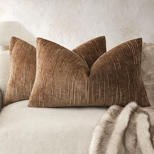 Image of Foindtower Pack of 2 Slubby Textured Chenille Throw Decorative Pillow Covers Lumbar Accent Solid Cushion Cover Neutral Farmhouse Pillow Case for Couch Sofa Bedroom Living Room 12x20 Inch,Dark Bronze