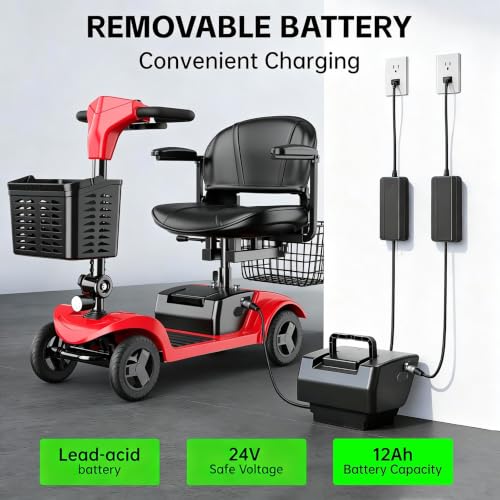 Image of Mobility Scooter,Removable Battery,Suitable for All Terrains-Red | 28 Miles Travel,300 lbs Capacity,Quick-Assembly, Features Rotating Seat,300W Motor,Dual Baskets and Rear Tail Lights