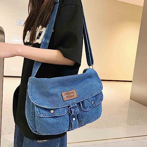 Fashion denim handbag shoulder bag large capacity retro Messenger bag bag for men and women (Denim Light Blue)2