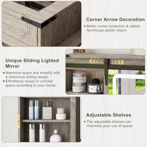 Image of Farmhouse Makeup Vanity Desk with Sliding Mirror and Lights, 42 Wood Vanity Table Set with Glass Top, Power Outlets, Jewelry Storage Cabinet, 4 Drawers, Stool for Country Room Decor, Rustic Oak