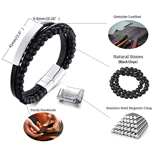 Mens Bracelets Beads Black - Mens Leather Bracelet Onyx Bead Braided Wristbands Gift for Boyfriend Birthday Graduation Fathers Day Christmas 7 Inches - Image 5