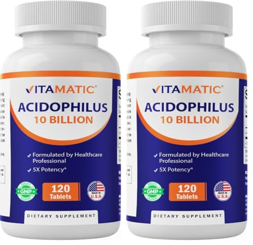 Image of Vitamatic Acidophilus Probiotic - 10 Billion CFU - 5X Potency - Daily Probiotic Supplement, Supports Digestive Health - 120 Tablets (Pack of 2)