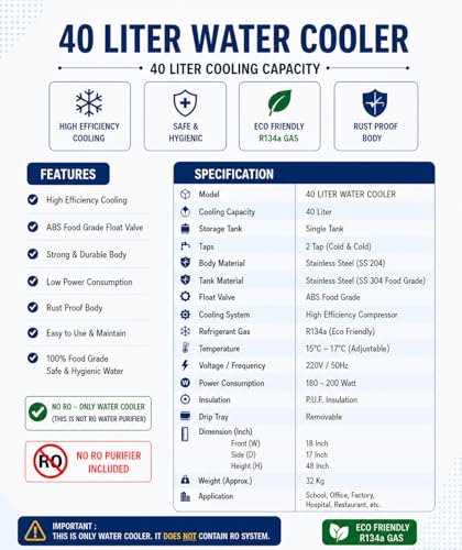 Image of 40L Drinking Water Cooler (NUWC-40 /40) - Energy Efficient, 2 Cold Water Faucets, 100% Copper Cooling Coil, Stainless Steel Body, Sleek & Durable Design for Home & Commercial Use.