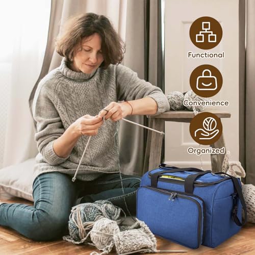 Image of Knitting Bag, Large Capacity Yarn Storage Organizer Tote Bag with Compartments and Pockets for Knitting Needles, Crochet Hooks, Knitting Project and Accessories, Bag Only, Navy Blue