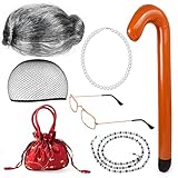 Yewong Old Lady Costume Set - Grandmother Wig,Costume Glasses,Wig Caps, Pearl Necklace, Glass Chain, Inflatable Cane, Handbag (Grey)