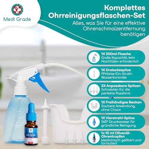 Ohrenreiniger zur Entfernung von Ohrenschmalz, Ohrreiniger mit 300 ml Flasche + 10ml Olivenöl Ohrentropfen, Komplettes Ohrspülungsset von Medi Grade