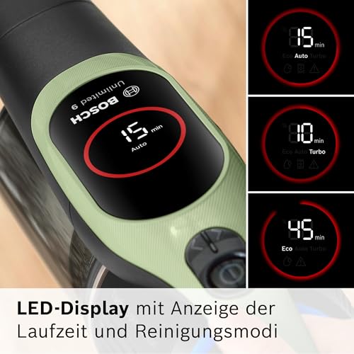 Bosch Akku-Staubsauger Unlimited 9 BBS921TBA, kabellos, MicroClean Technology, Display, Staubkomprimierung, HEPA-Filtersystem, 10 Jahre Motorgarantie, austauschbarer Akku, LED-Licht, Fugendüse, grün