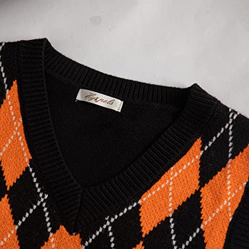 Image of Sweater Vest Women,Sleeveless V Neck Argyle Plaid Long Preppy Loose Knitted Casual School Sweaters Tank Top