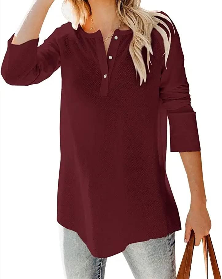 Chuanqi Womens Long Sleeve Waffle Knit Tunic Top Henley T Shirt Button Up V Neck Casual Tees