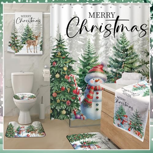 Nuanchu 6 Pcs Christmas Shower Curtain Set with Rug Bathroom Sets with Shower Curtain Bath Mat U Shaped Mat Toilet Lid Cover 2 Bath Towels and 12 Hooks White Christmas Snowman Bathroom Decor by Nuanchu - Image 6