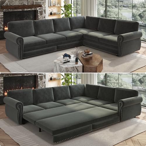 Image of KCGKCG 118 inch Sleeper Sofa Bed, Sectional Couches for Living Room /Apartment, Chenille L Shaped Couch with Pull Out Couch Bed, Convertible Sectional Sofa with Rolled Arm & Nailhead Trim, Dark Grey