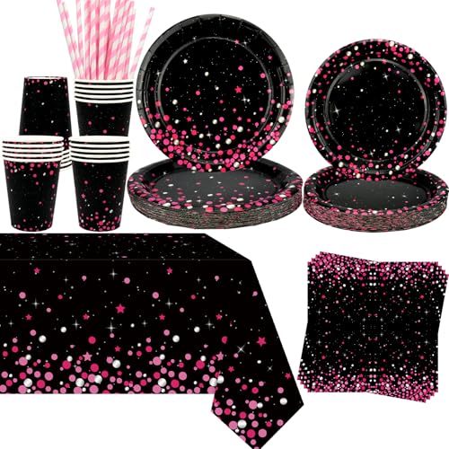 Obussgar Décoration de fête rose et noir – Vaisselle de fête d'anniversaire rose et noir comprenant assiettes, gobelets, serviettes, nappe, pailles –...