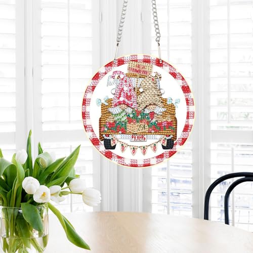 Image of DIY 5D Diamond Painting Hanging Pendant Kit Special Shaped Diamond Dots Art Acrylic Ornaments, Pink Gnome Diamond Art Pendant for Adult Home Wall Window Decor Gift